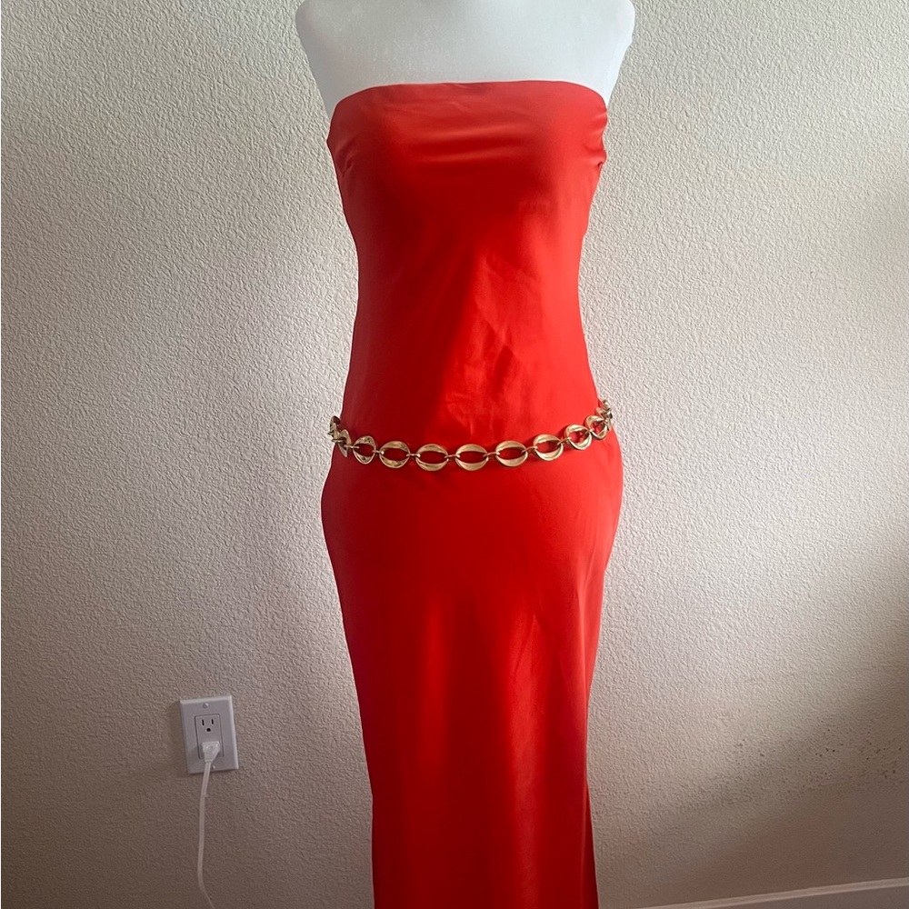 UO Rina Satin Strapless Midi Dress – Orange (Size S)